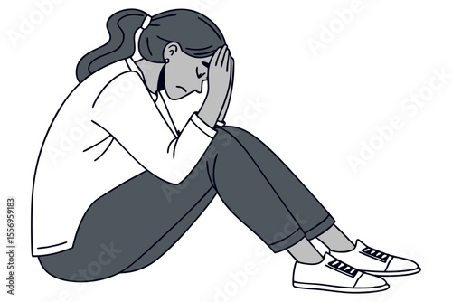 Sad Woman Sitting with Face Covered by Hands