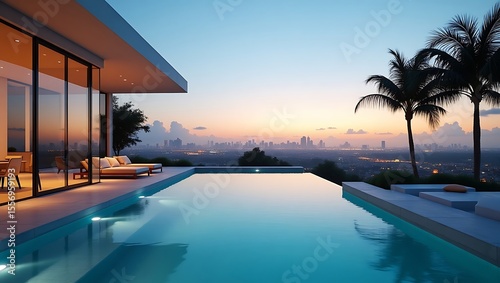 Luxury home infinity pool and city view at sunset in modern architecture