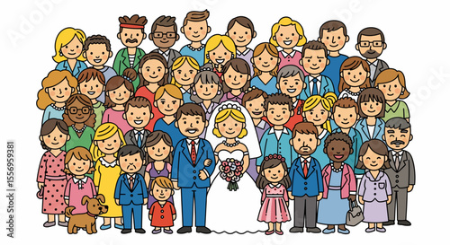 Cartoon Wedding Group: Bride, Groom, Family, Friends, and Dog Illustration