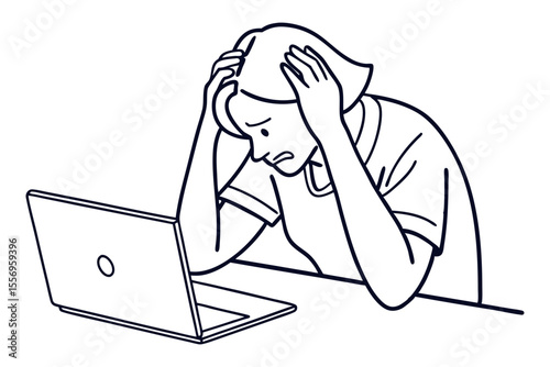 Woman Feeling Burnout Using Laptop on White Background