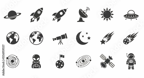 Collection of Monochrome Space Icons: Rockets, Planets, Astronaut, and Celestial Bodies