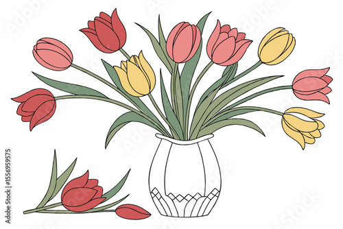Colorful Spring Tulips Arranged in Vase on White