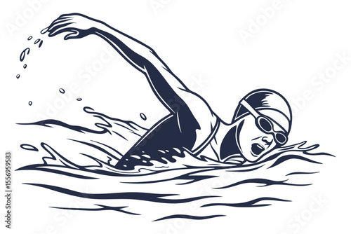 Triathlete Swimming with Strong Arm Stroke Illustration