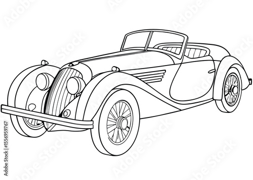 Classic vintage car outline, retro automobile design, old vehicle drawing, auto line art vector illustration