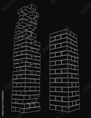 A Jenga game with two towers made of stacked rectangular blocks, illustrated in white lines on a black background. The minimalist vector art features clean geometric shapes and a high-contrast.