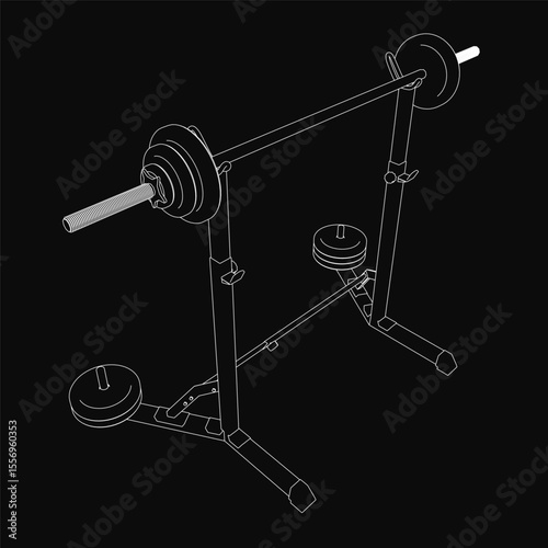 A black and white drawing of a squat rack with a barbell, featuring clean lines and a minimalist style. The dark background emphasizes the gym equipment's strong silhouette.