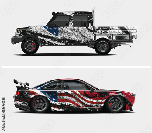 Two Cars with American Flag Inspired Cracked Paint Designs on a White Background