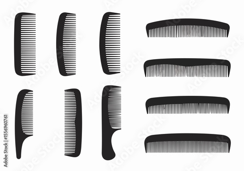 Hairdressing tools: Set of various black comb icons, essential barber and hairstylist accessories vector illustration.