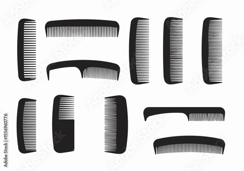 Vector Silhouettes of Various Hair Combs and Brushes on White Background