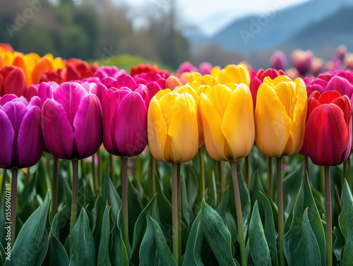 Vibrant tulips in full bloom create colorful display in garden setting, with backdrop of blurred mountains and trees. bright petals of pink, yellow, and red tulips stand out against green leaves