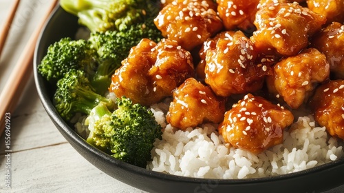 Delicious Bowl of Orange Chicken with Broccoli and Rice Delight