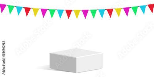 Cube block podium stage pedestal and platform with festival flag scene, vibrant geometric display composition. Ideal for event promotions, celebratory showcases, awards ceremonies and festive