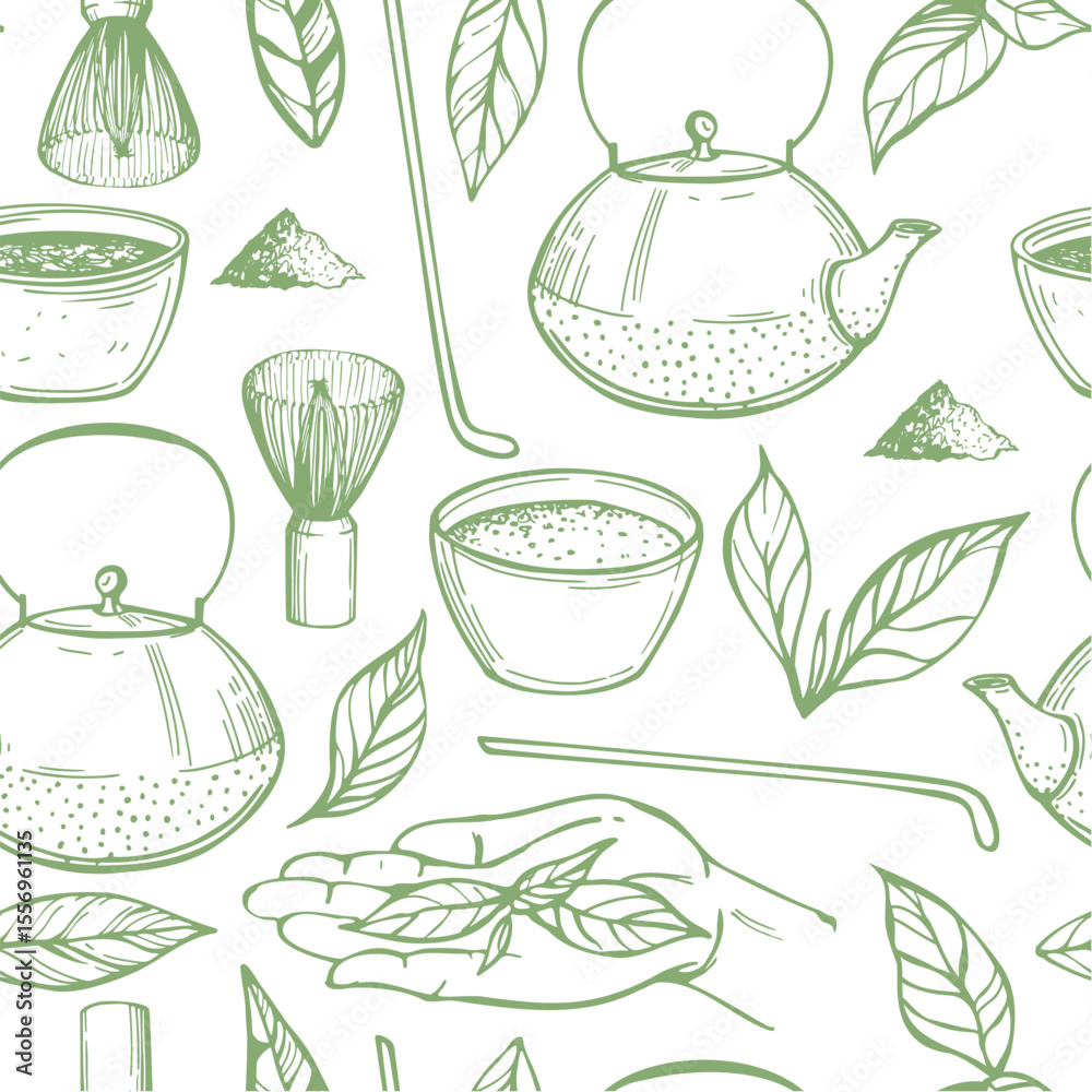 custom made wallpaper toronto digitalHand-drawn matcha tea set. Vector seamless pattern.  Sketch illustration