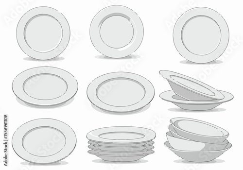 Hand-drawn style illustration set of white plates and bowls in various arrangements.