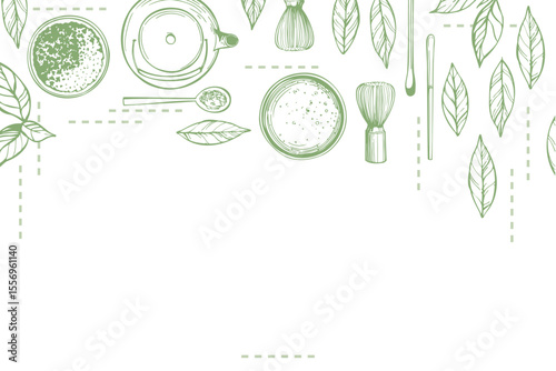 Hand-drawn matcha tea set.  Vector background.  Sketch illustration