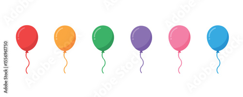 "Colorful cartoon balloon set. 3D flat vector balloons in red, orange, green, purple, pink and blue birthday and party decoration clipart."