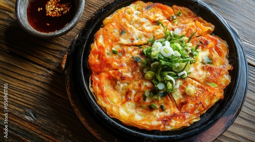 Delicious Korean Pancake with Green Onion on Wooden Table