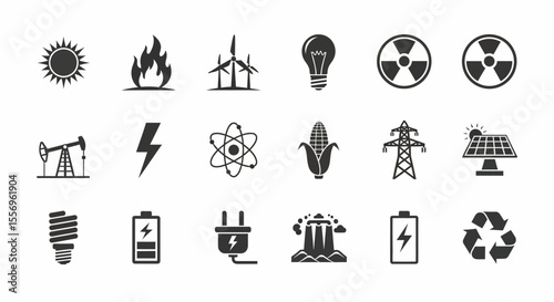 Energy Source Icons: Renewable, Non-Renewable, and Conservation Symbols