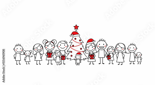 Festive Christmas Family with Tree, Gifts, and Santa Hats