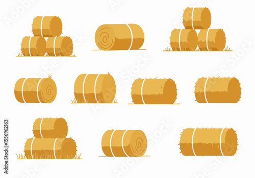 Set of vector illustrations depicting various hay bales in different shapes and arrangements on a white background, perfect for agriculture or harvest-themed designs.