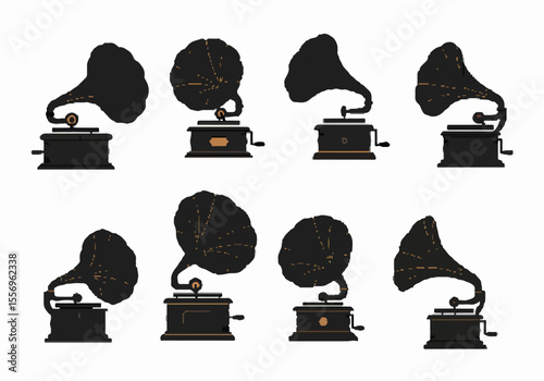 Collection of vintage gramophone and phonograph musical players silhouettes.