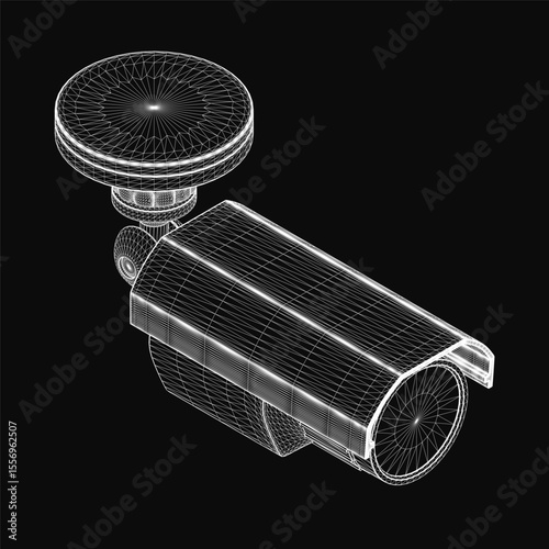A 3D wireframe model of a security camera on a black background highlights its sleek design and technical components. The detailed structure showcases the lens, housing, and mounting bracket