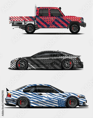 Patriotic Car Wrap Designs Truck Sedan and Coupe with American Flag Themes