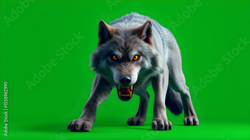 Aggressive wolf in growling stance, ready to attack, ideal for visual effects and fantasy projects. photo