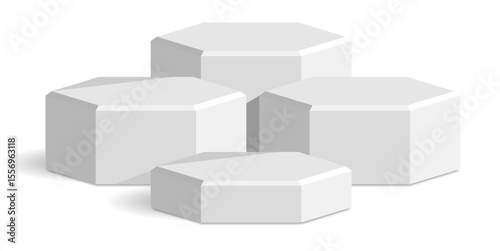 Hexagon podium stage pedestal and platform scene, a modern geometric display composition. Ideal for product showcases, awards presentations, digital promotions, and abstract architectural concepts.