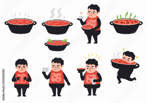 Cartoon illustrations showing a man experiencing digestive discomfort and pain, possibly from eating hot food, with representations of internal organs.