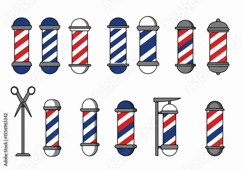 Set of various traditional barber poles and large hairdressing scissors, classic symbols of barbershops and hair salons, vector illustration on white.