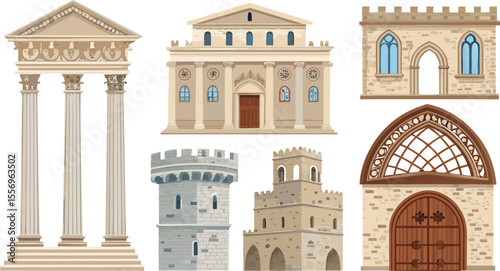 Colorful Flat Icon Set of Ancient and Historical Architecture Styles Greek Columns, Gothic Windows, and Castle Elements in Minimal Style on White Background.