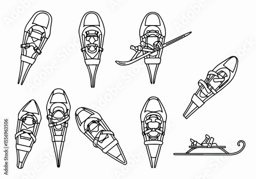 Collection of Black and White Line Art Illustrations of Winter Sports Equipment including Snowshoes, Skis, and a Sled, Various Angles