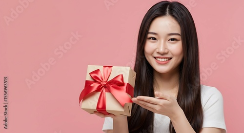 Happy Woman Holding a Gift Box with Red Ribbon, Gift Giving Concept