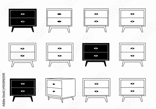Set of outline and solid black and white icons depicting simple nightstands or bedside tables with two drawers, perfect for furniture and home decor design projects.