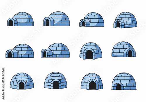 Set of vector illustrations of igloos, snow and ice houses, traditional arctic shelters in different views.