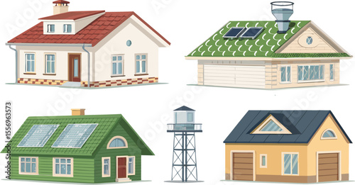 Colorful Flat Icon Set of Roof Types and Rooftop Structures Gable, Dormer, Green Roofs, and Solar Panels in Minimal Style on White Background.