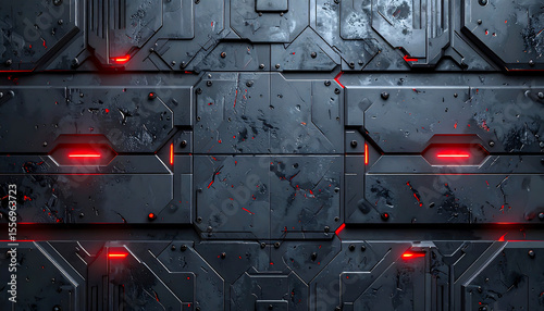 Futuristic gray metallic background with red neon lights offers a high tech, modern aesthetic for sci-fi projects.