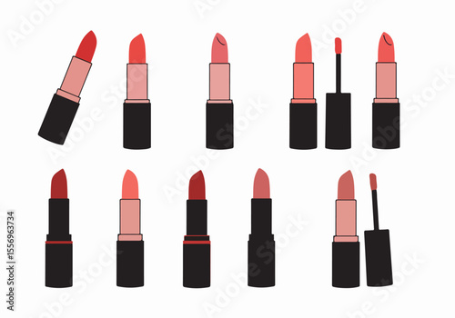 Minimalist vector illustration featuring a variety of red and pink lipsticks and lip glosses on a clean white background, showcasing different shades and formats.