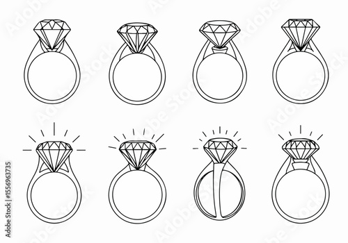 Set of Hand-Drawn Diamond Ring Line Art Icons with Sparkles, Vector Illustration