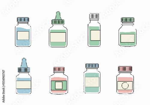 Set of Cartoon Medicine Bottles and Droppers Hand-Drawn Illustration
