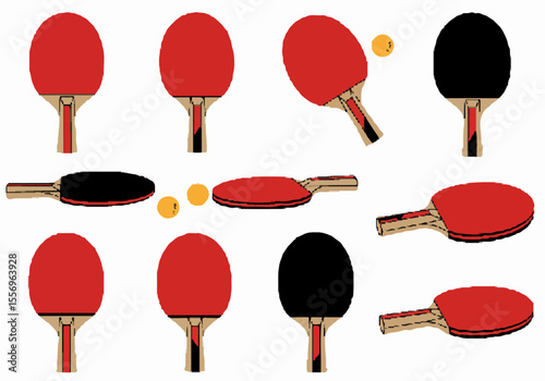 Collection of various table tennis paddles and balls in different angles and views on a white background, illustrated style.
