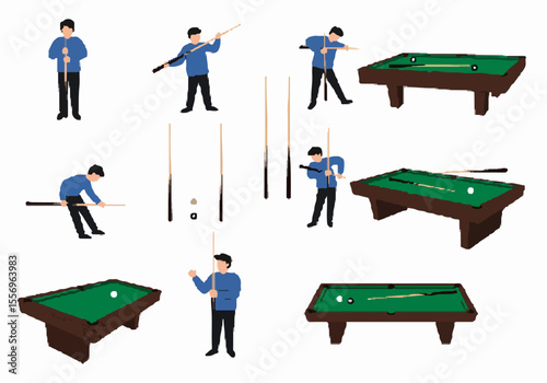 Illustrations of people playing pool, showing various actions, along with pool tables, cues, and balls, on a white background.
