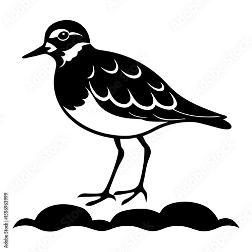 Stylized black and white silhouette of a shorebird standing on waves