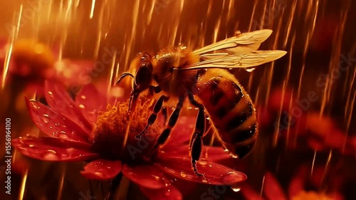 Bee on red flower in rain