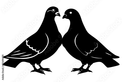 Two black pigeons facing each other in silhouette on a white background