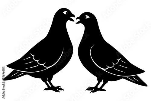 Two black silhouette pigeons facing each other with open beaks on a white background