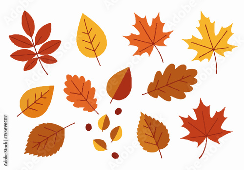 Collection of flat illustrated autumn leaves and berries in warm fall colors on a white background.