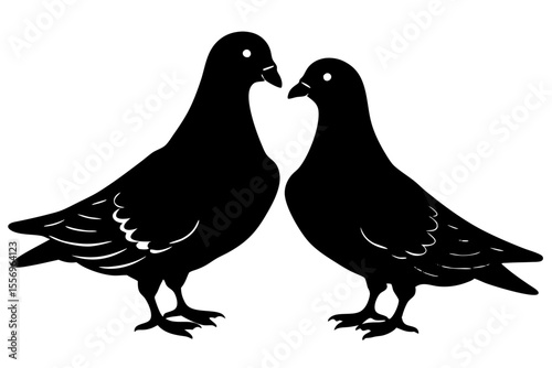 Two black silhouette pigeons facing each other on a white background