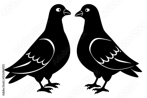 Two stylized black pigeons facing each other with white details on white background